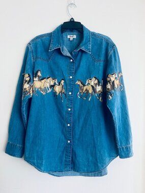 Wrangler Retro Medium Wash Running Horse Denim Long Sleeve Snap Western Shirt